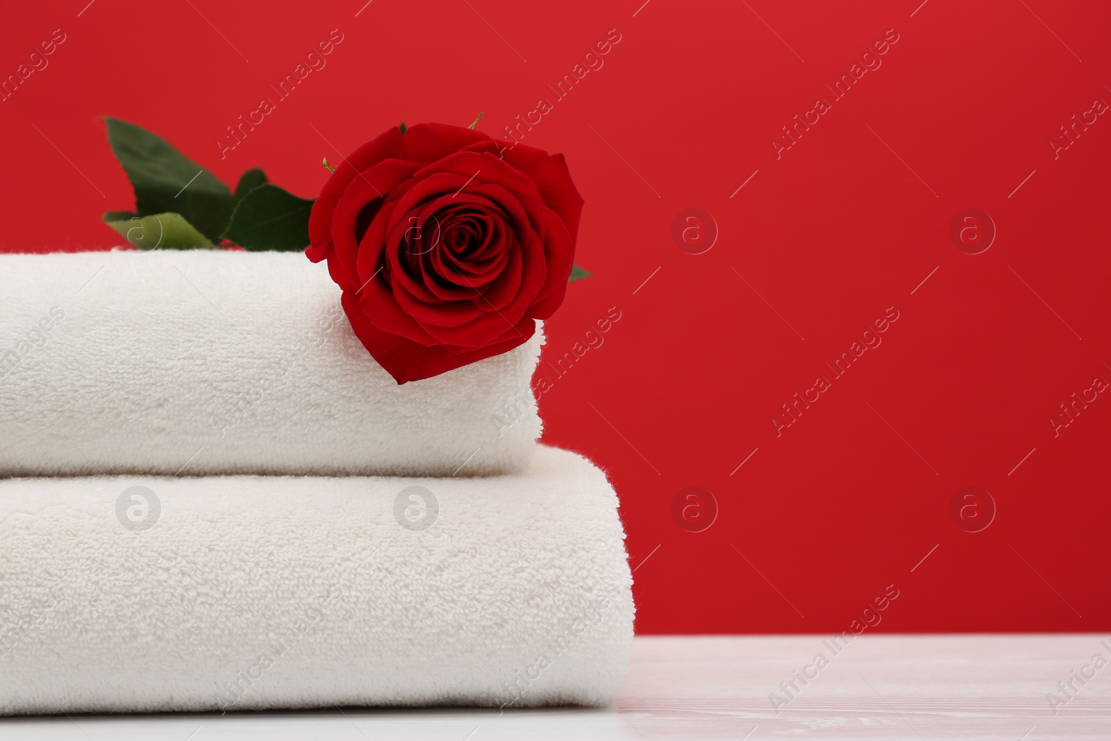 Photo of Soft clean towels with beautiful flower on table against color background. Space for text