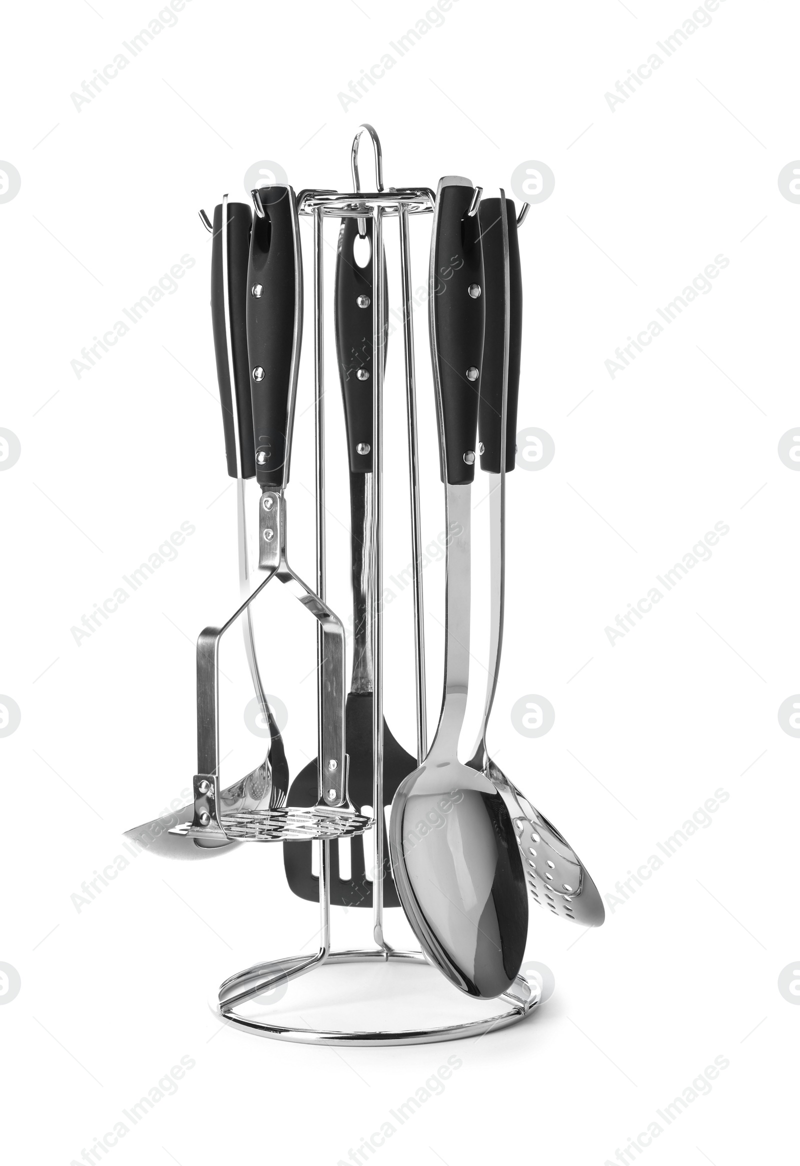Photo of Holder with different kitchen utensils on white background