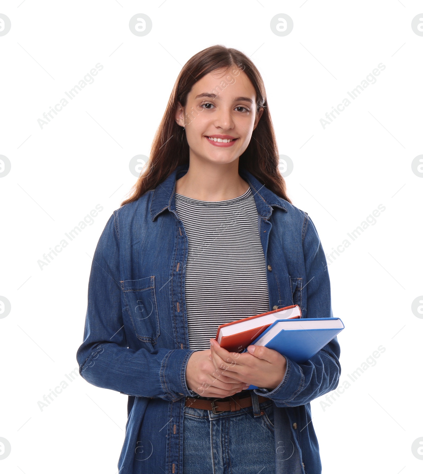 Photo of Teenage student with books on white background