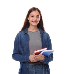 Teenage student with books on white background