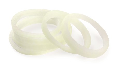 Photo of Fresh ripe onion rings on white background