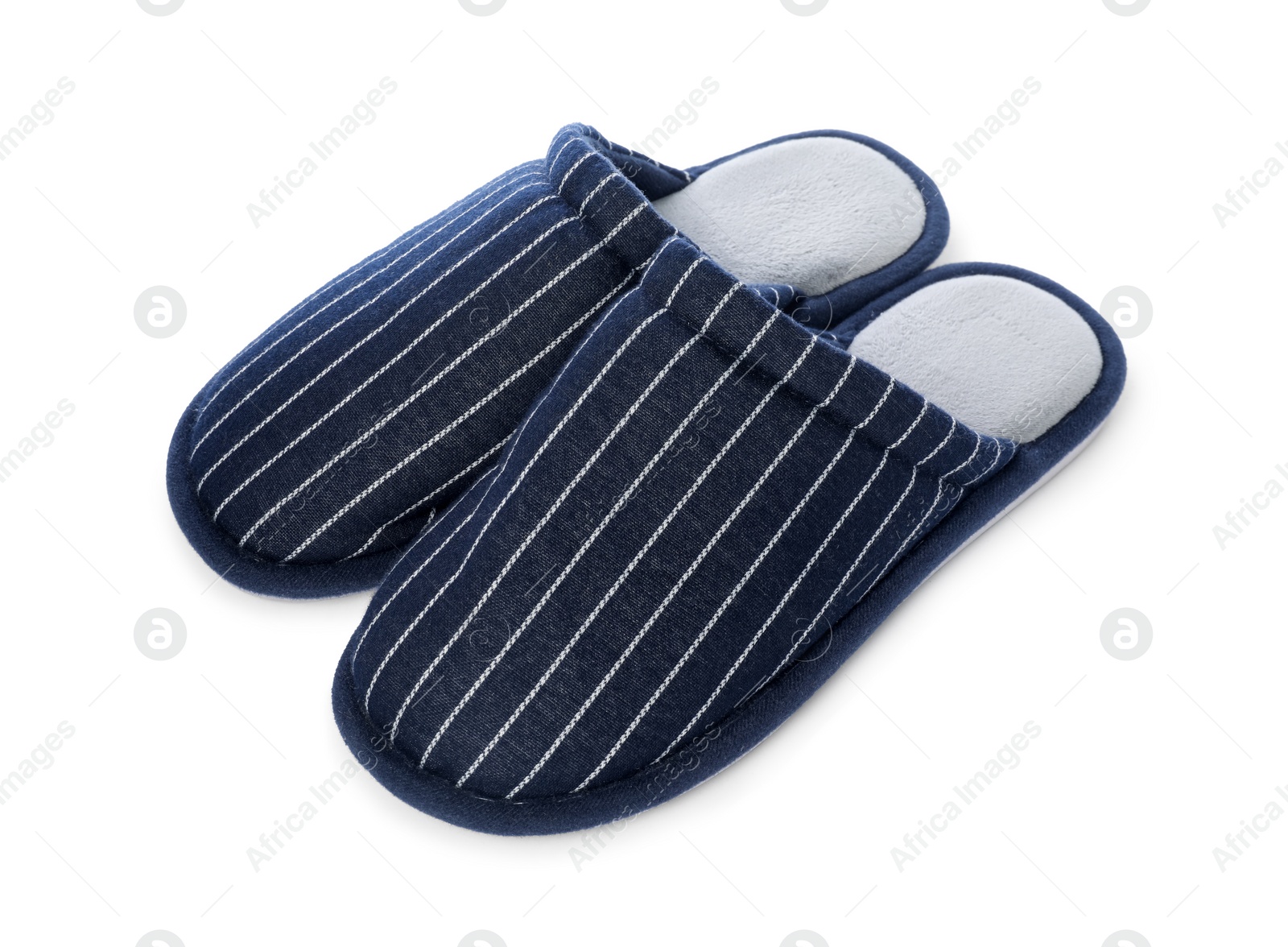 Photo of Pair of striped slippers isolated on white