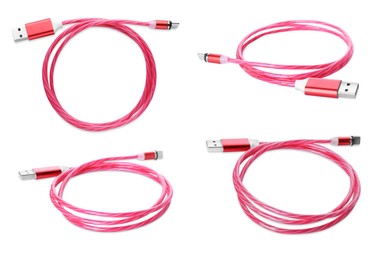 Pink USB-C cable on white background, different angles
