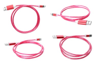 Image of Pink USB-C cable on white background, different angles