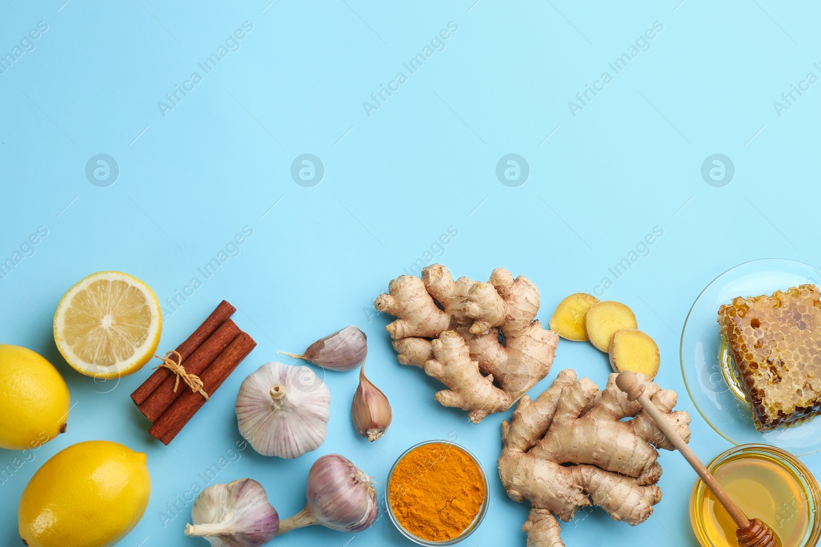 Photo of Flat lay composition with different natural antibiotics on light blue background, space for text