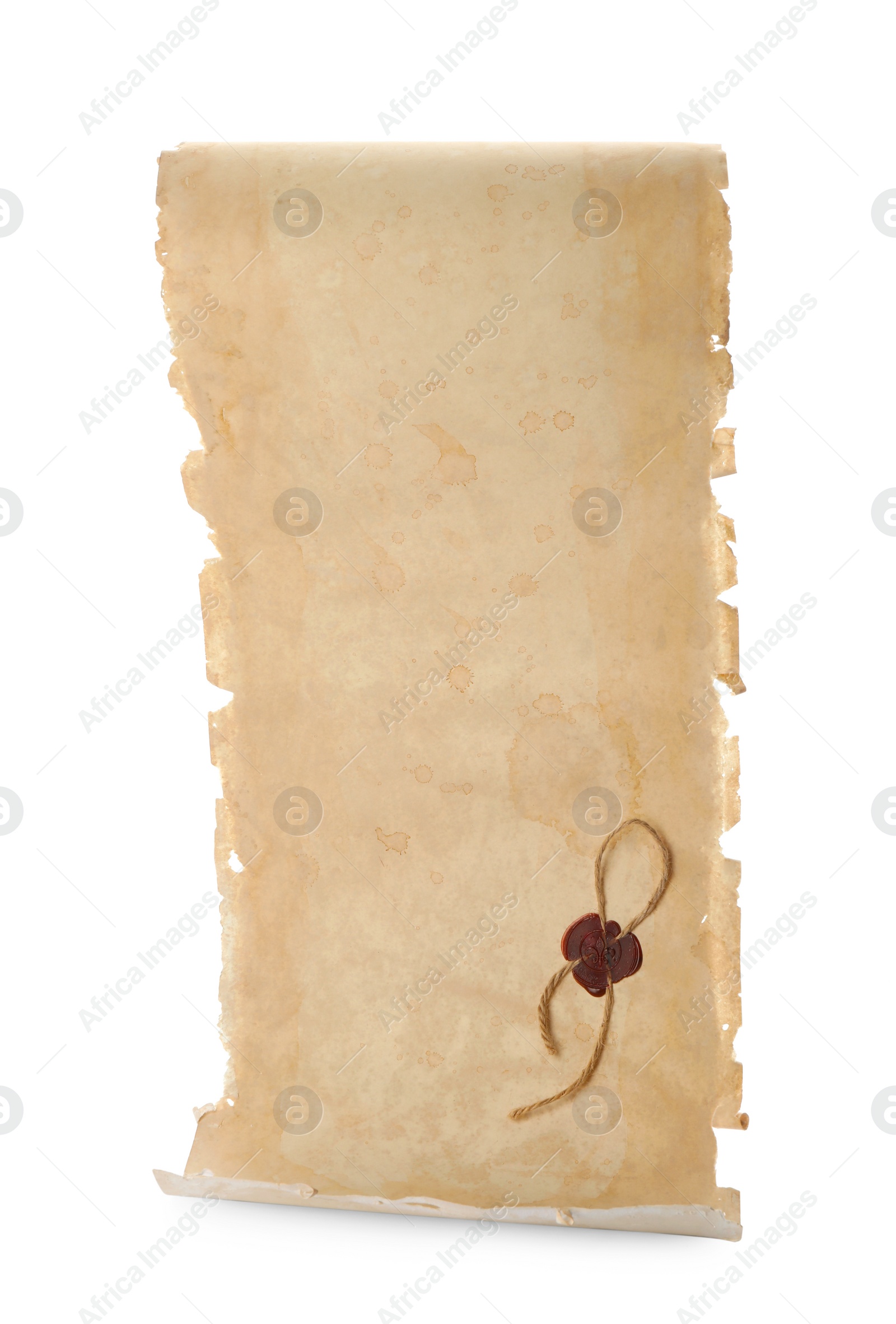 Photo of Sheet of old parchment paper with wax stamp isolated on white. Space for design