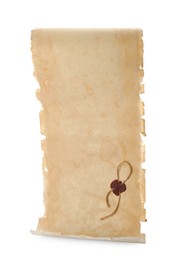 Photo of Sheet of old parchment paper with wax stamp isolated on white. Space for design