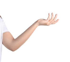 Woman against white background, closeup on hand