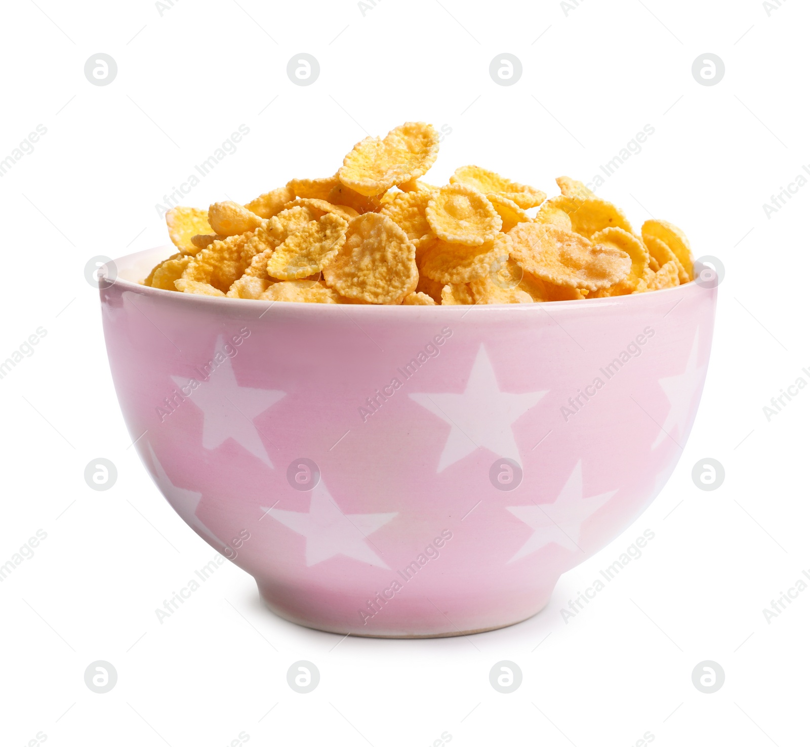 Photo of Bowl with crispy cornflakes on white background