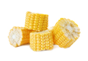 Tasty sweet corn cob on white background