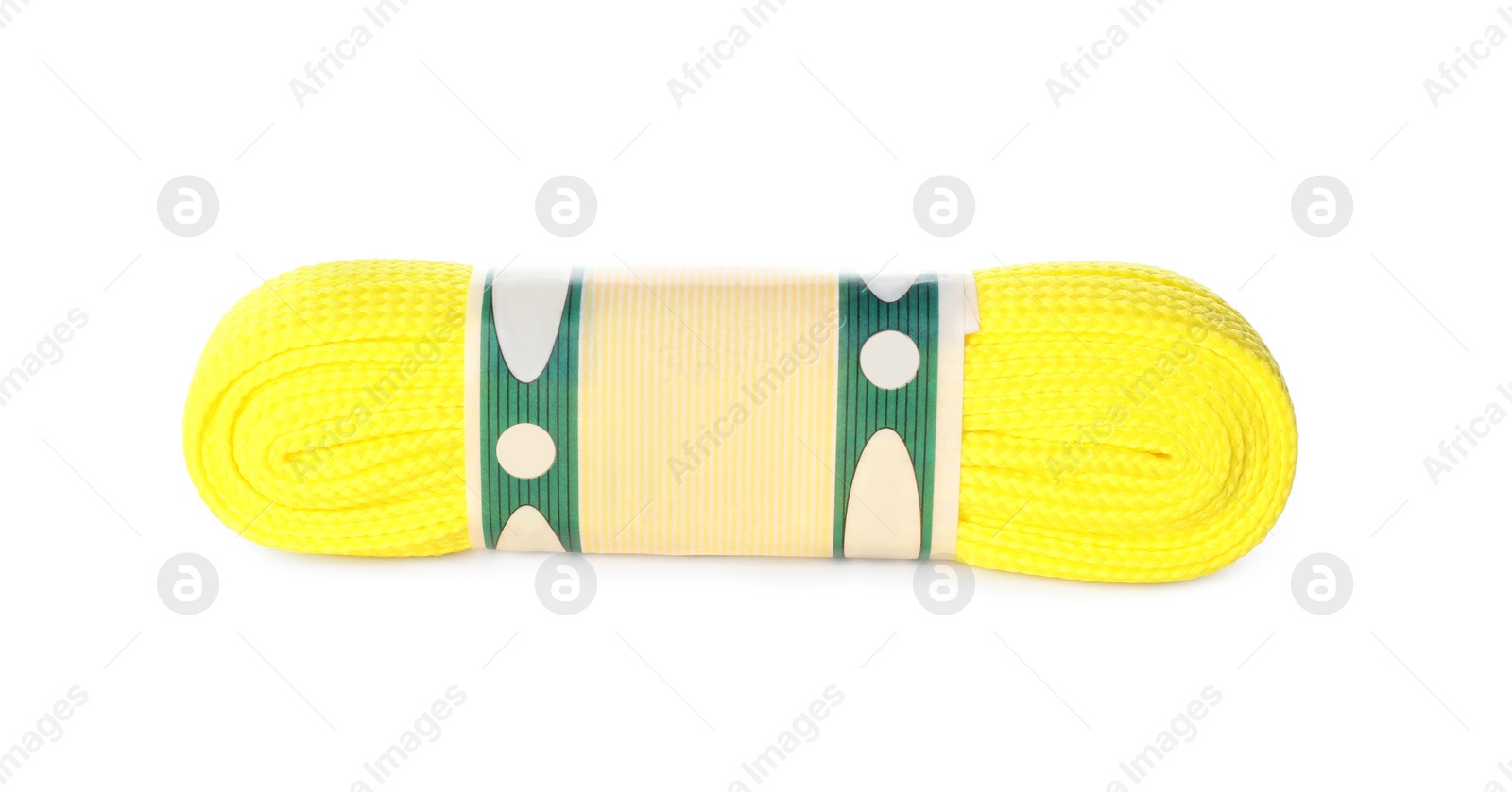Photo of Packed yellow shoe lace isolated on white