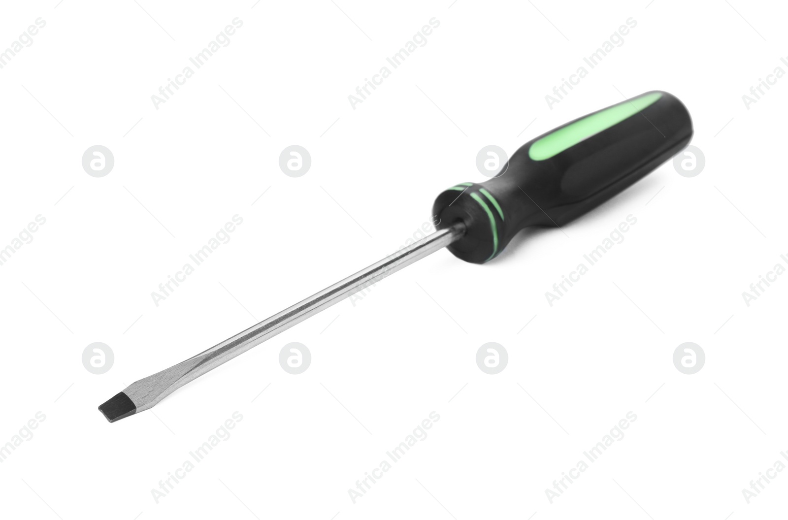 Photo of One screwdriver with black handle isolated on white