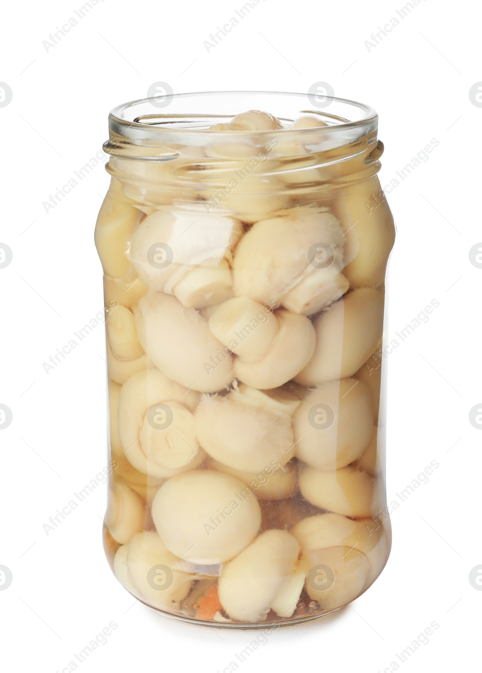 Photo of Glass jar with pickled mushrooms isolated on white