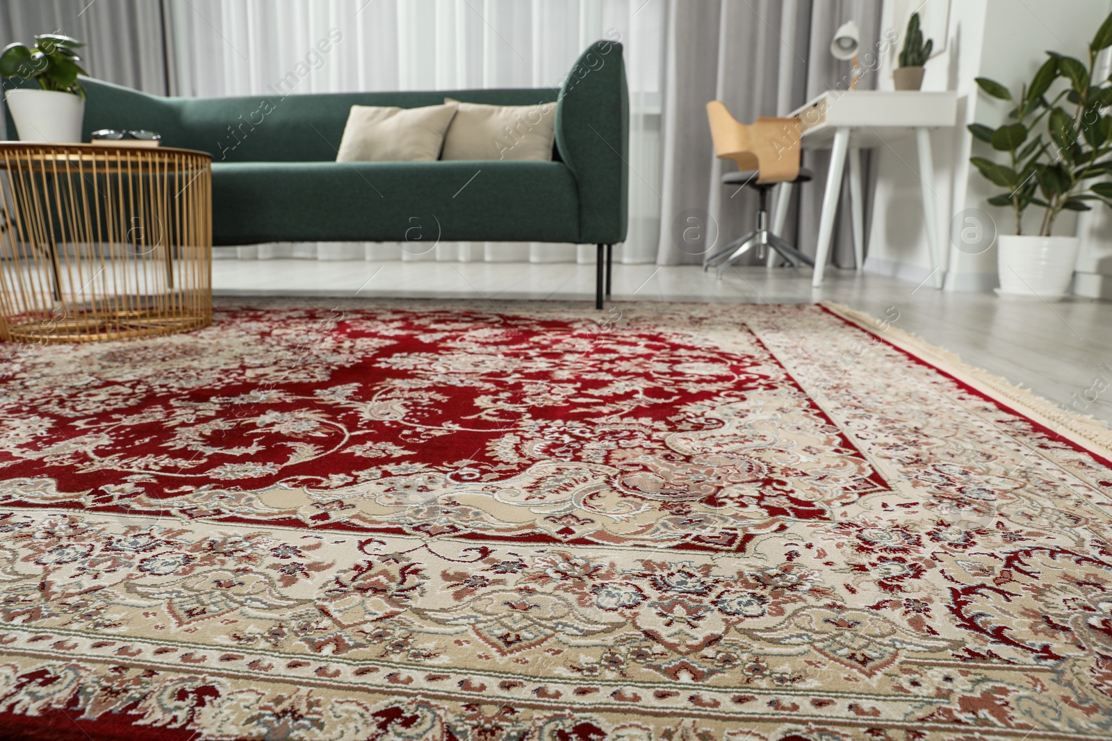 Photo of Stylish living room with beautiful carpet and furniture, low angle view. Interior design