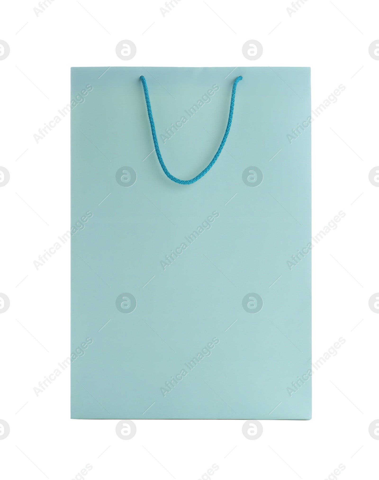 Photo of Light blue paper shopping bag isolated on white