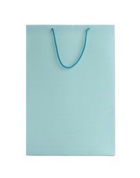 Light blue paper shopping bag isolated on white