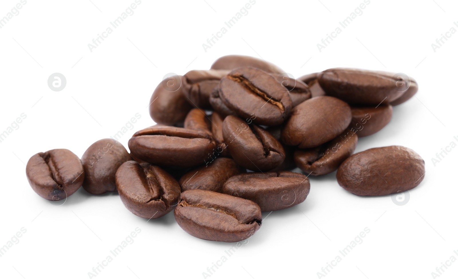 Photo of Many aromatic roasted coffee beans isolated on white