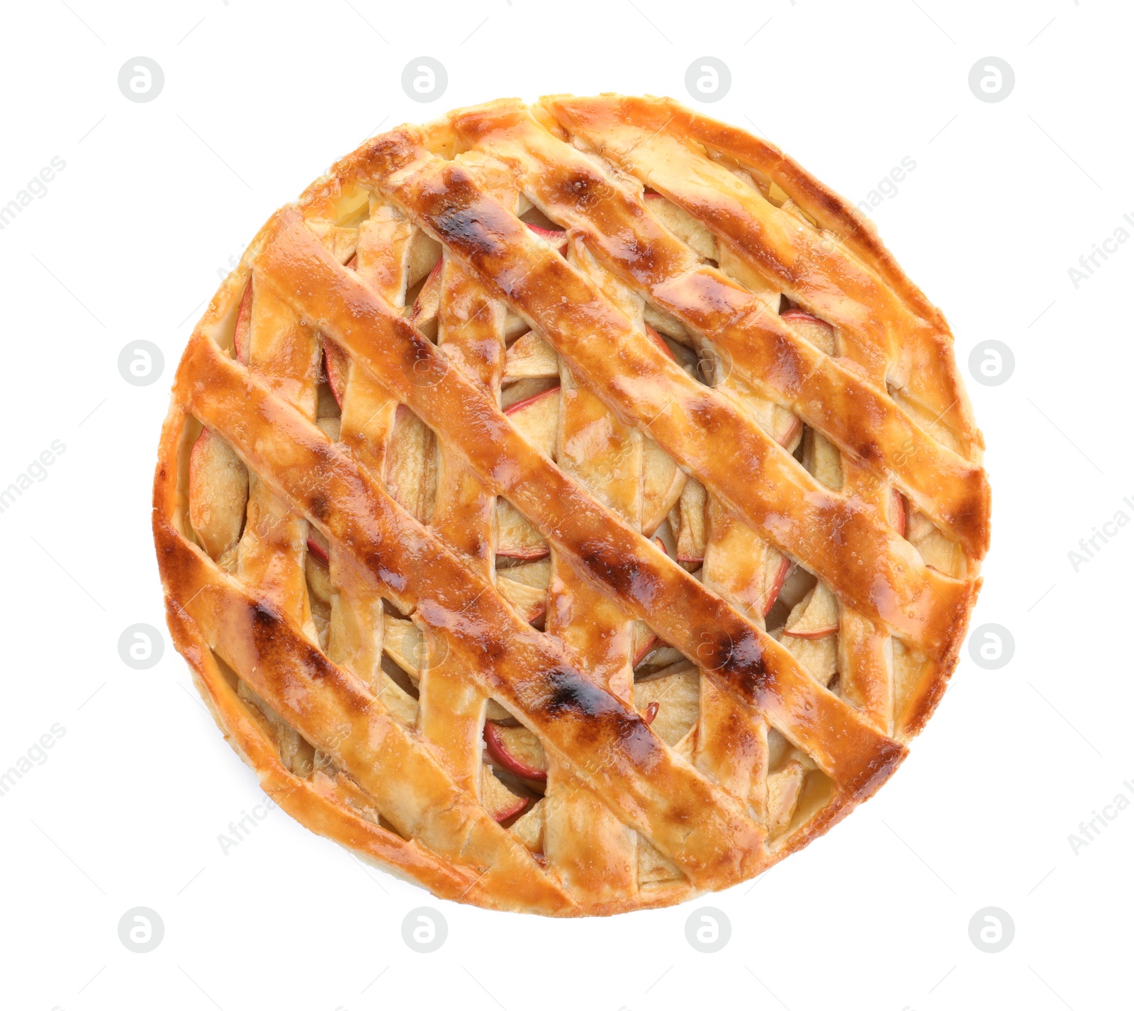 Photo of Delicious traditional apple pie isolated on white, top view