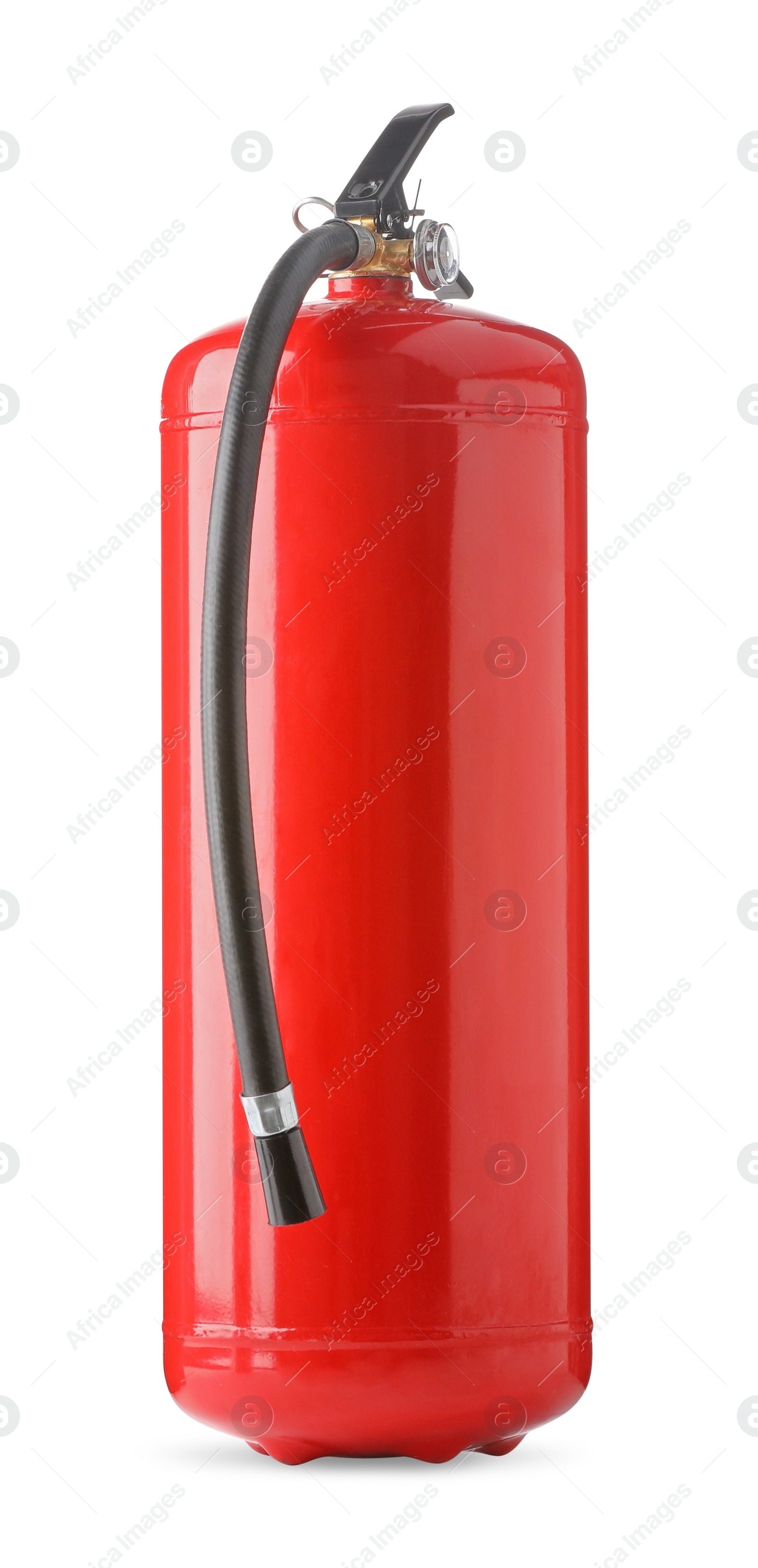 Photo of One red fire extinguisher on white background