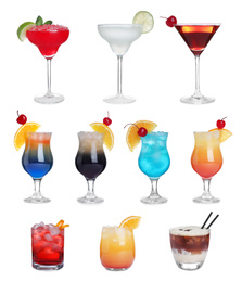 Set of tasty alcoholic cocktails on white background