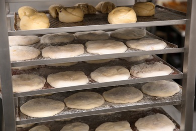 Rack with different unbaked pastries in workshop