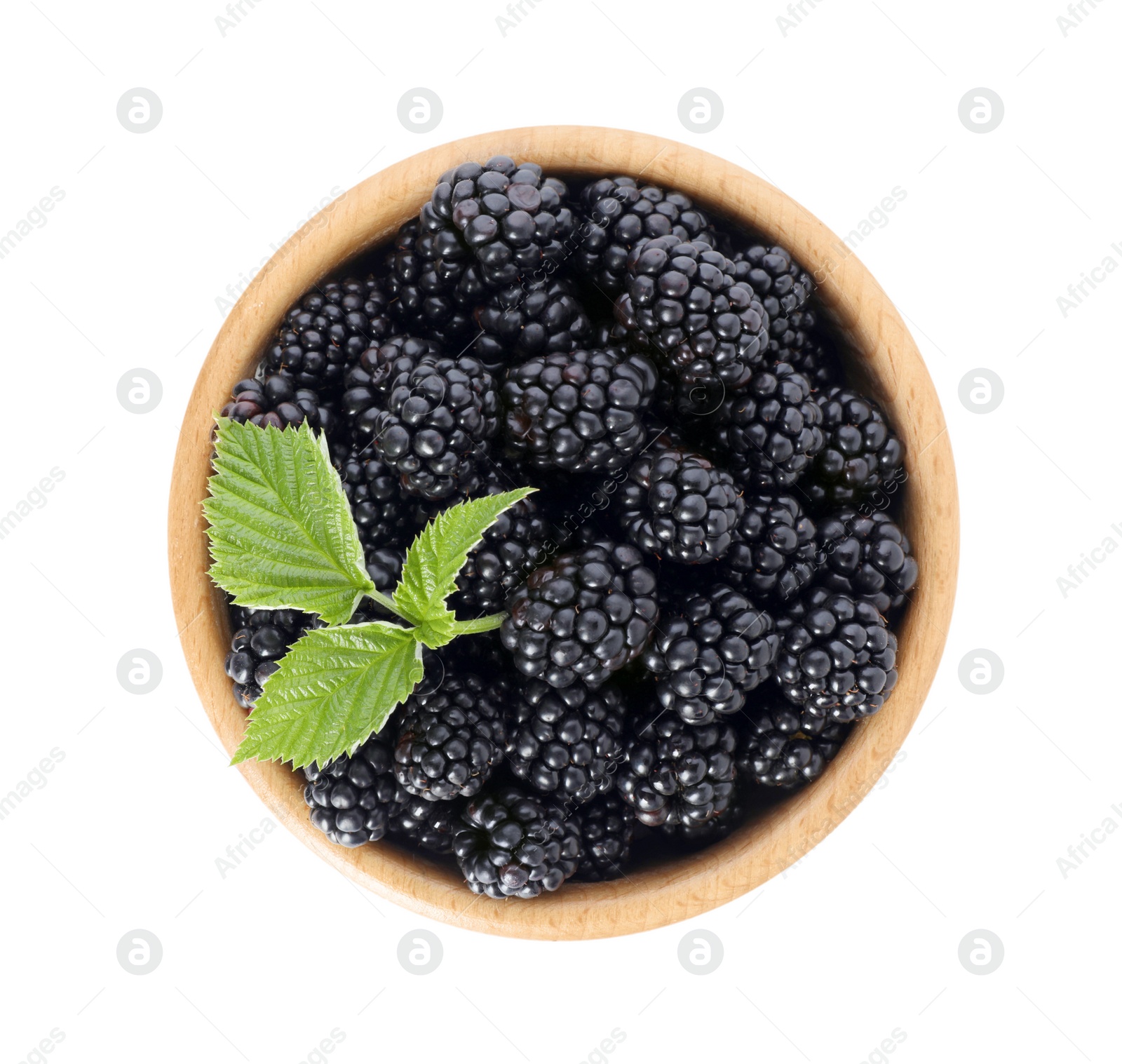 Photo of Bowl with ripe blackberries on white background, top view