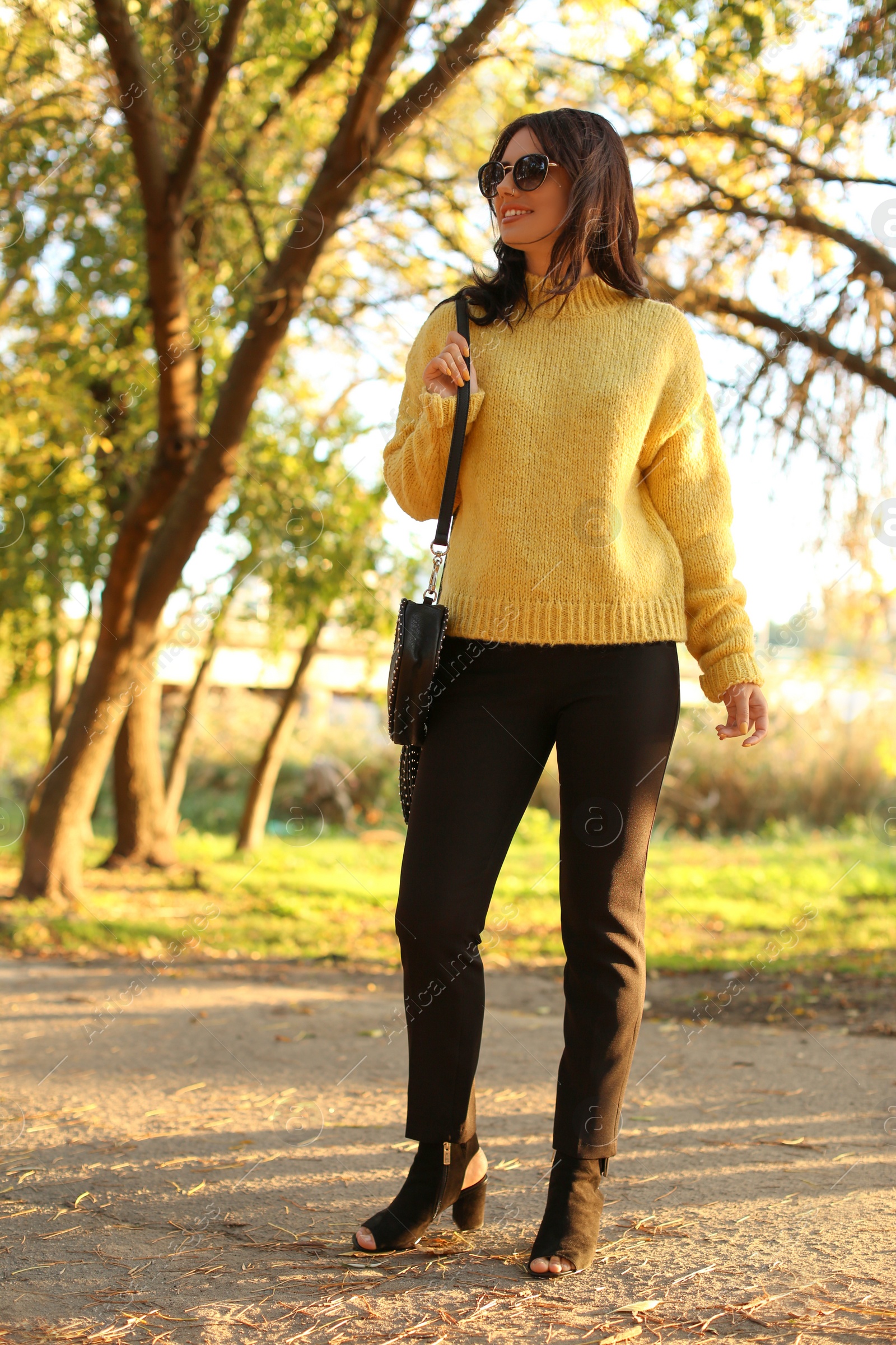 Photo of Beautiful young woman wearing stylish sweater in autumn park