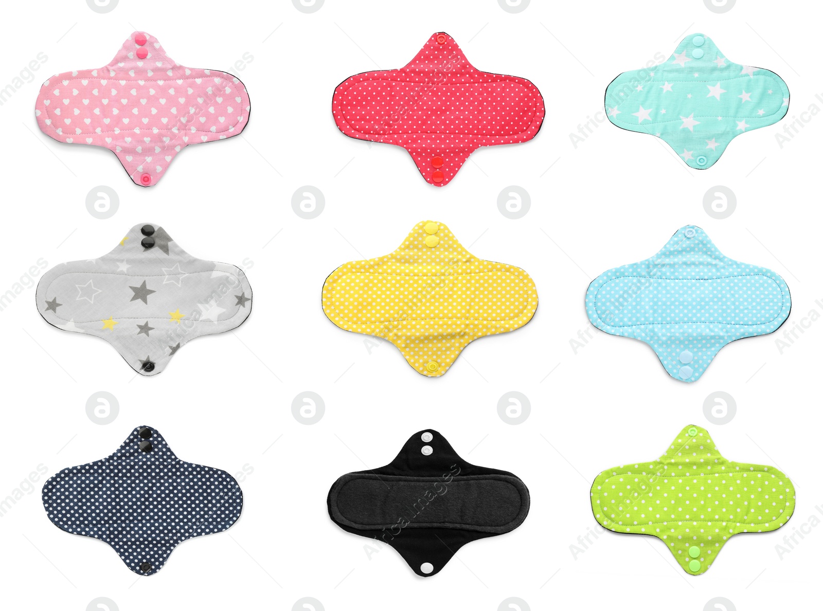Image of Set with different cloth menstrual pads on white background, top view