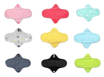 Image of Set with different cloth menstrual pads on white background, top view