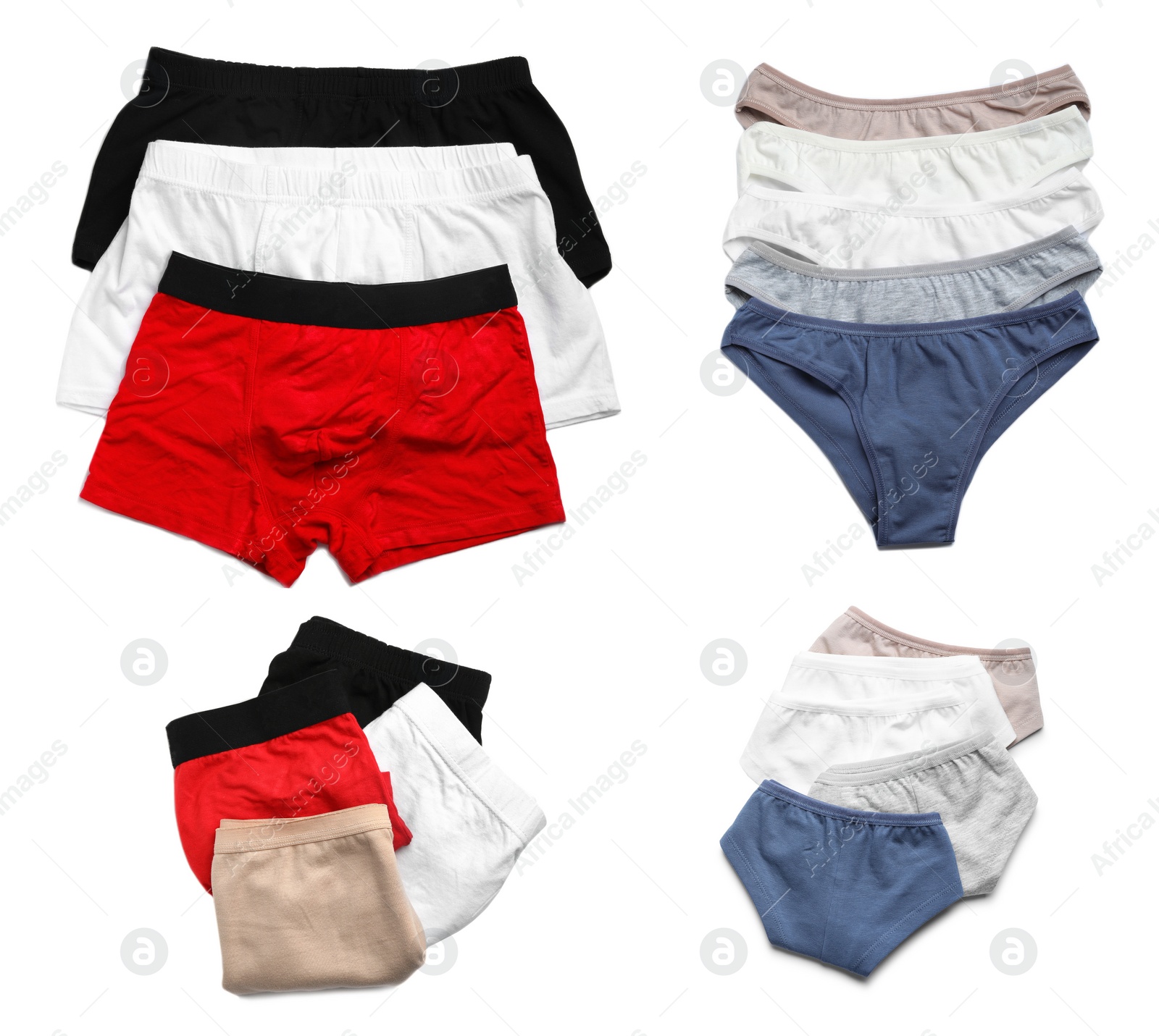 Image of Set of different underwear on white background