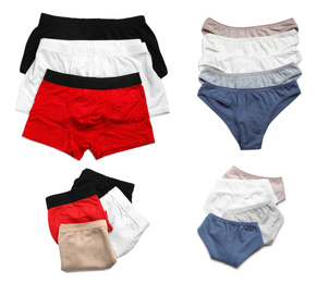 Set of different underwear on white background