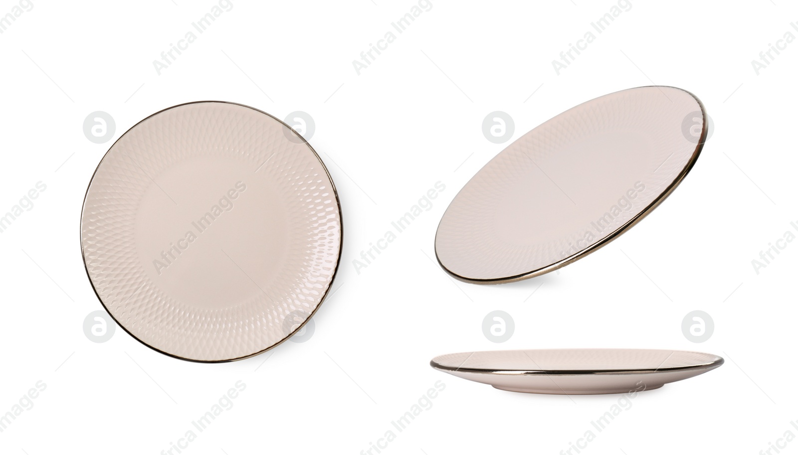 Image of Empty ceramic plate isolated on white, set with different views