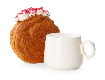 Photo of Round croissant with cream and cup of drink isolated on white. Tasty puff pastry