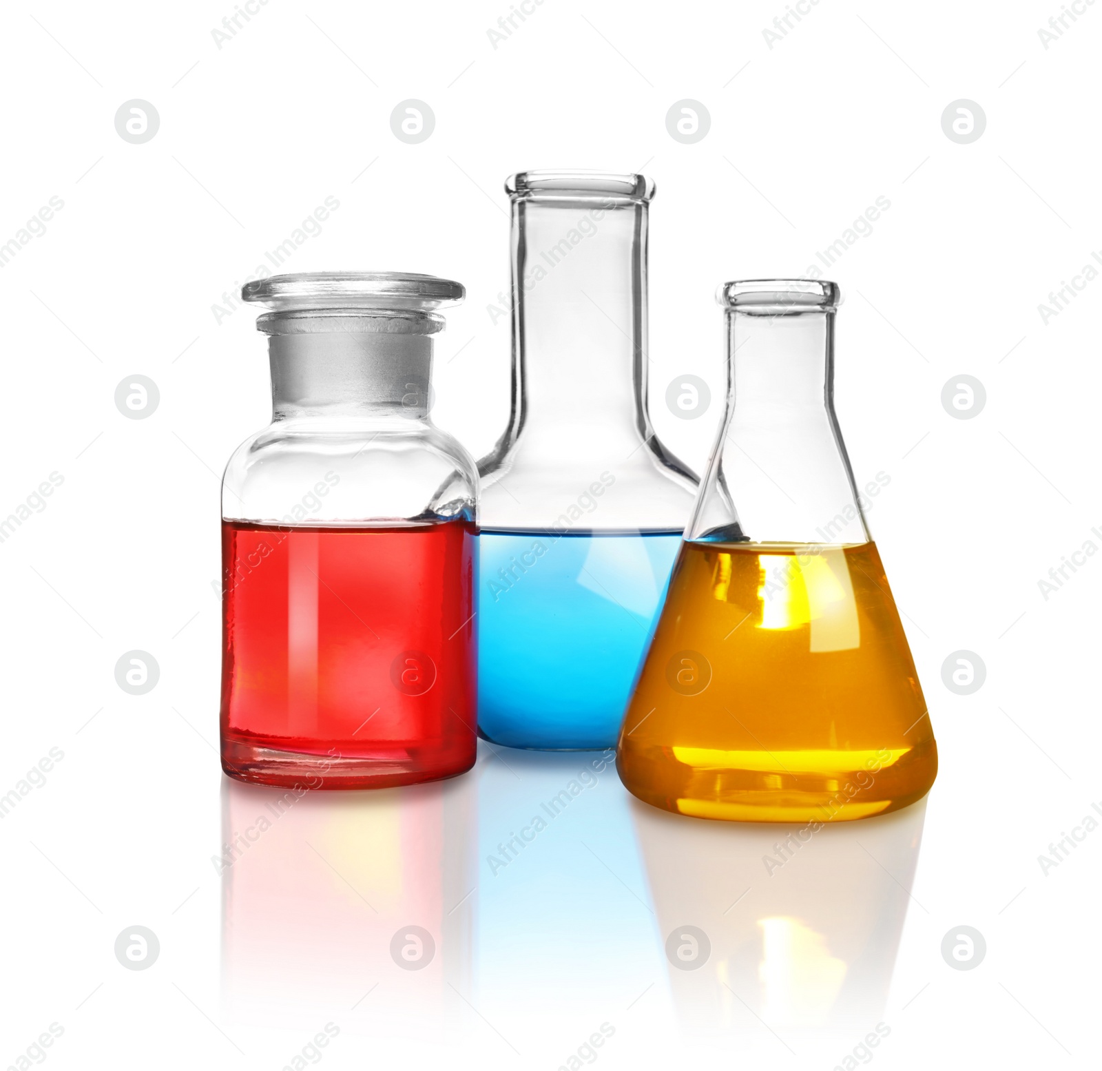 Photo of Laboratory glassware with different samples on white background. Solution chemistry