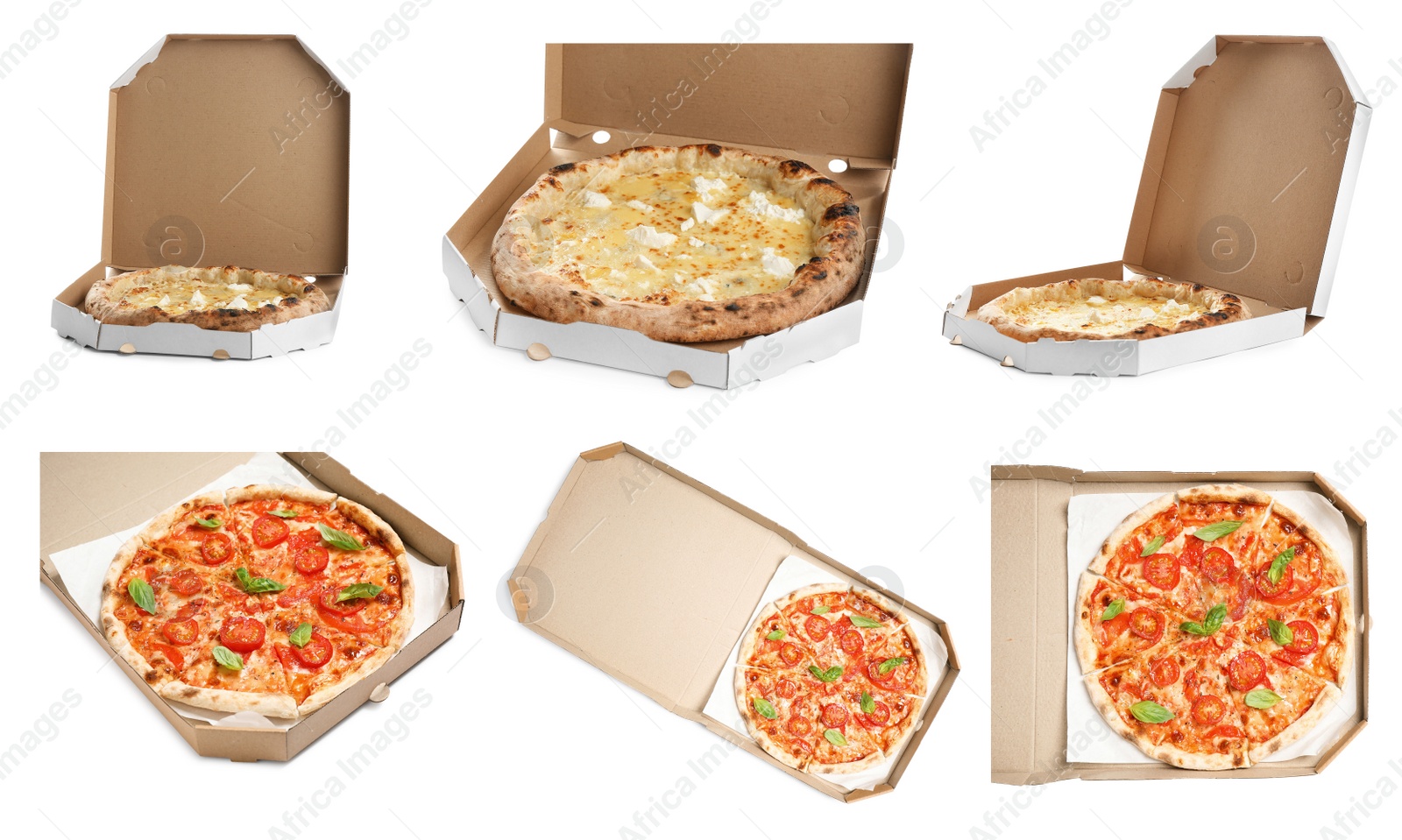 Image of Set with different delicious hot pizzas in cardboard boxes on white background. Food delivery