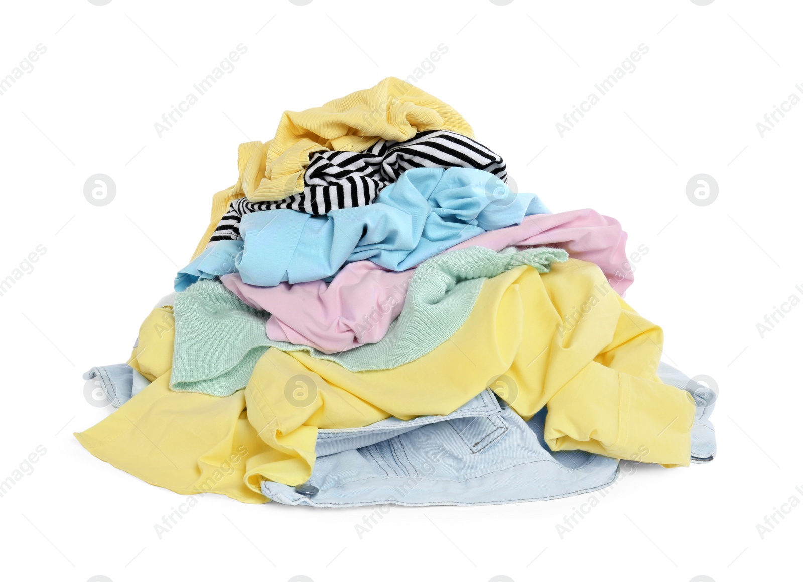 Photo of Pile of colorful clothes isolated on white