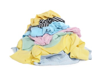 Photo of Pile of colorful clothes isolated on white