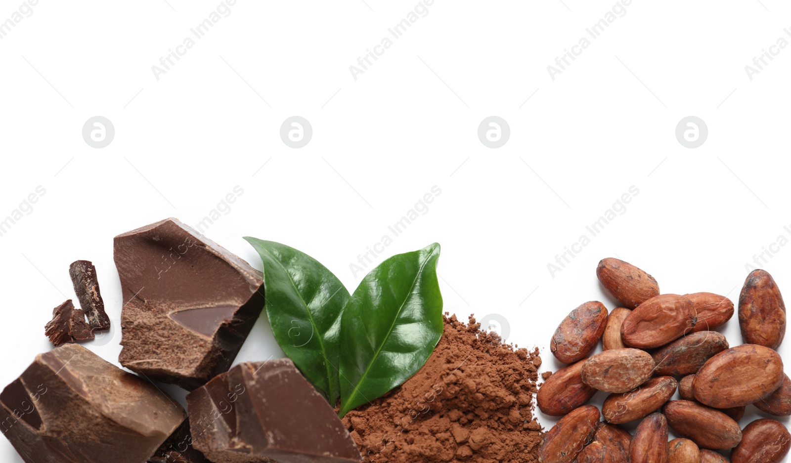 Photo of Composition with cocoa products on white background, top view