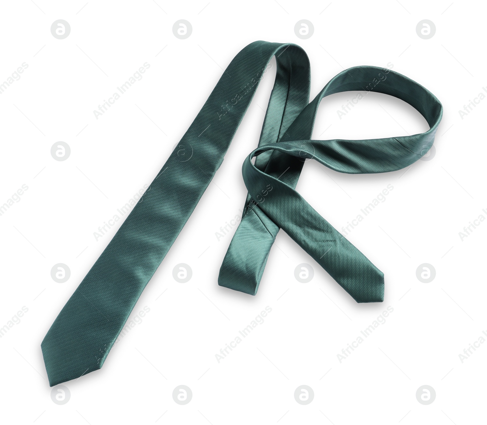 Photo of One green necktie isolated on white, above view