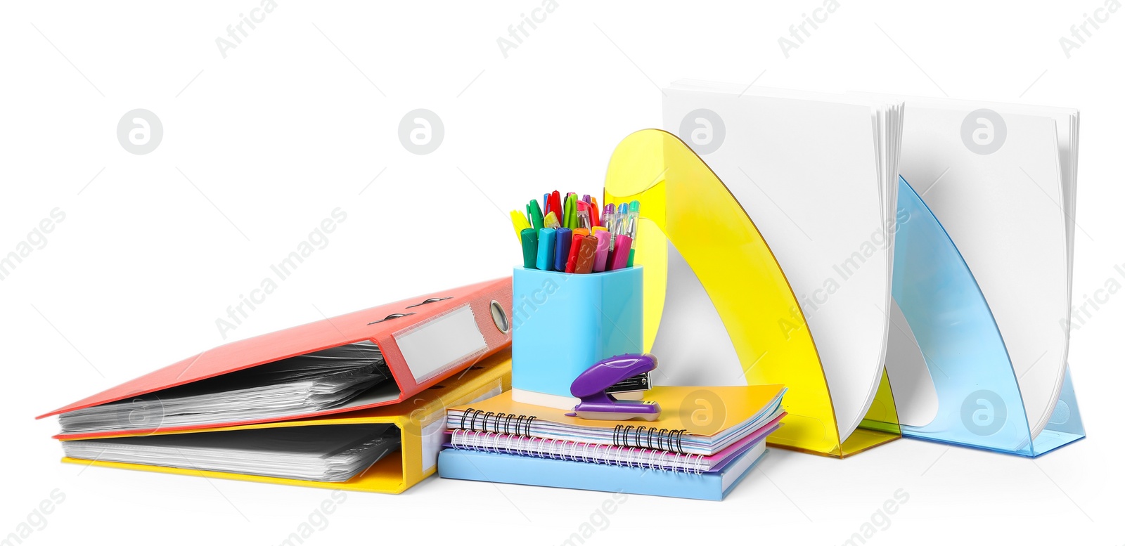 Photo of Bright office folders and different stationery isolated on white