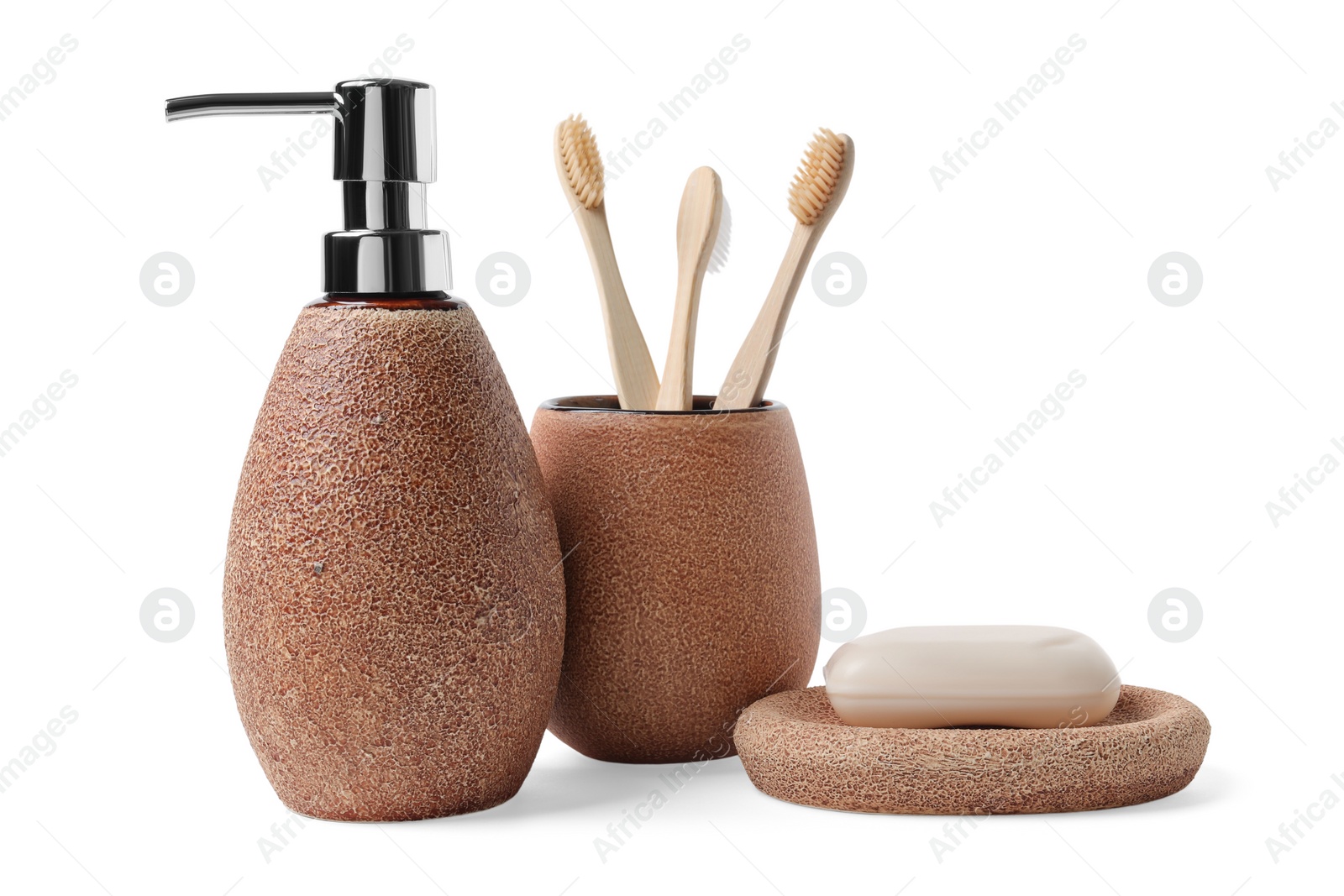Photo of Bath accessories. Different personal care products isolated on white