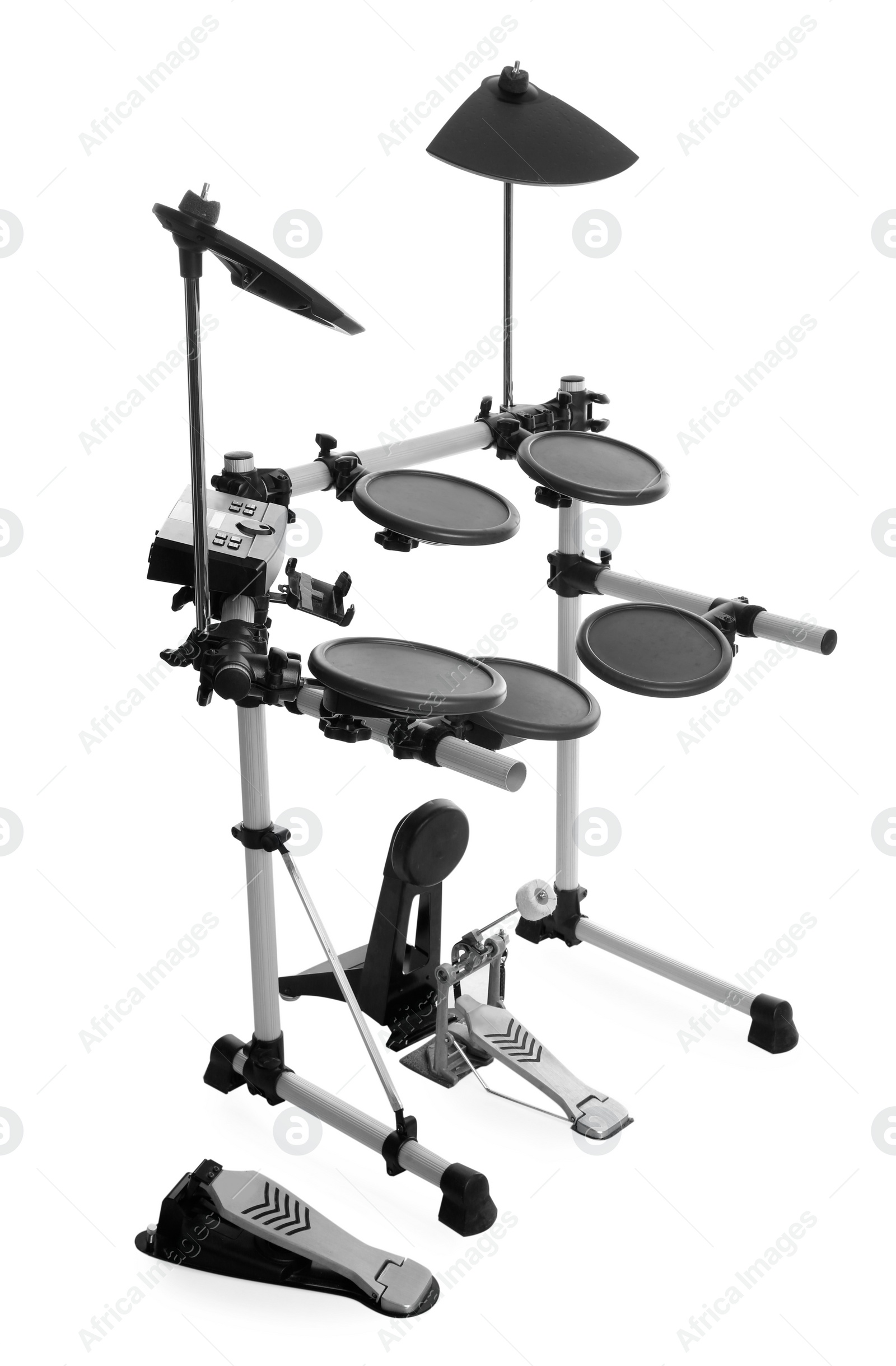 Photo of Modern electronic drum kit on white background. Music instrument