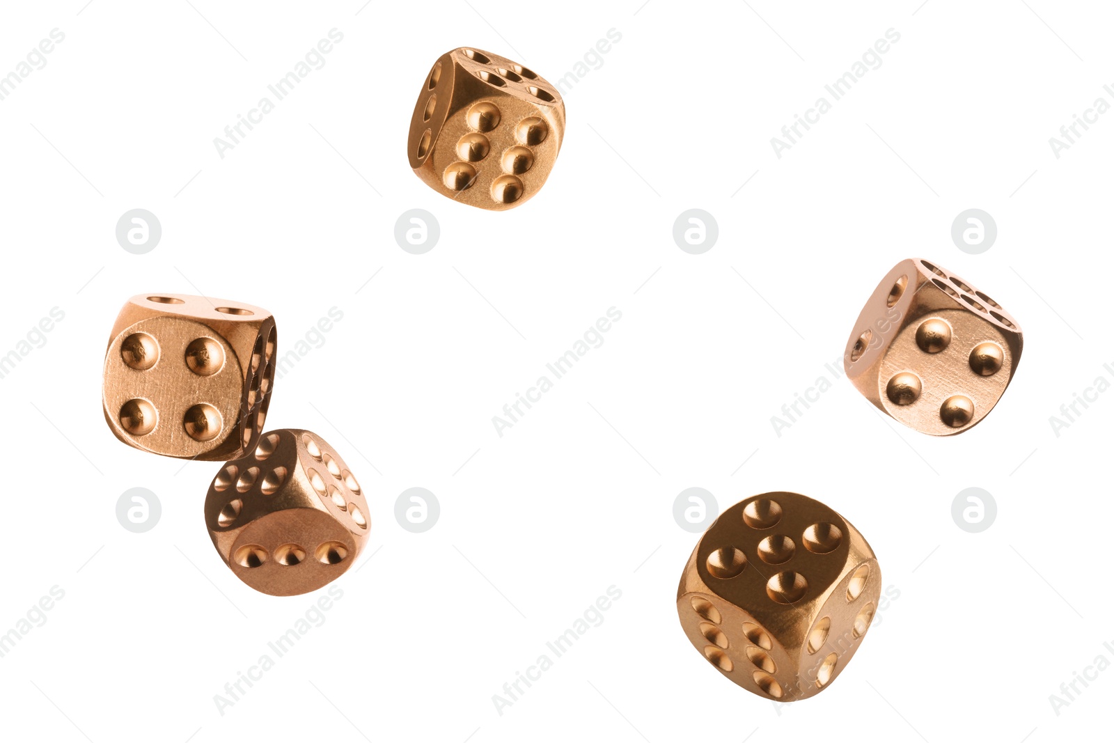 Image of Five golden dice in air on white background
