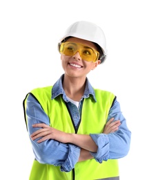 Female industrial engineer in uniform on white background. Safety equipment