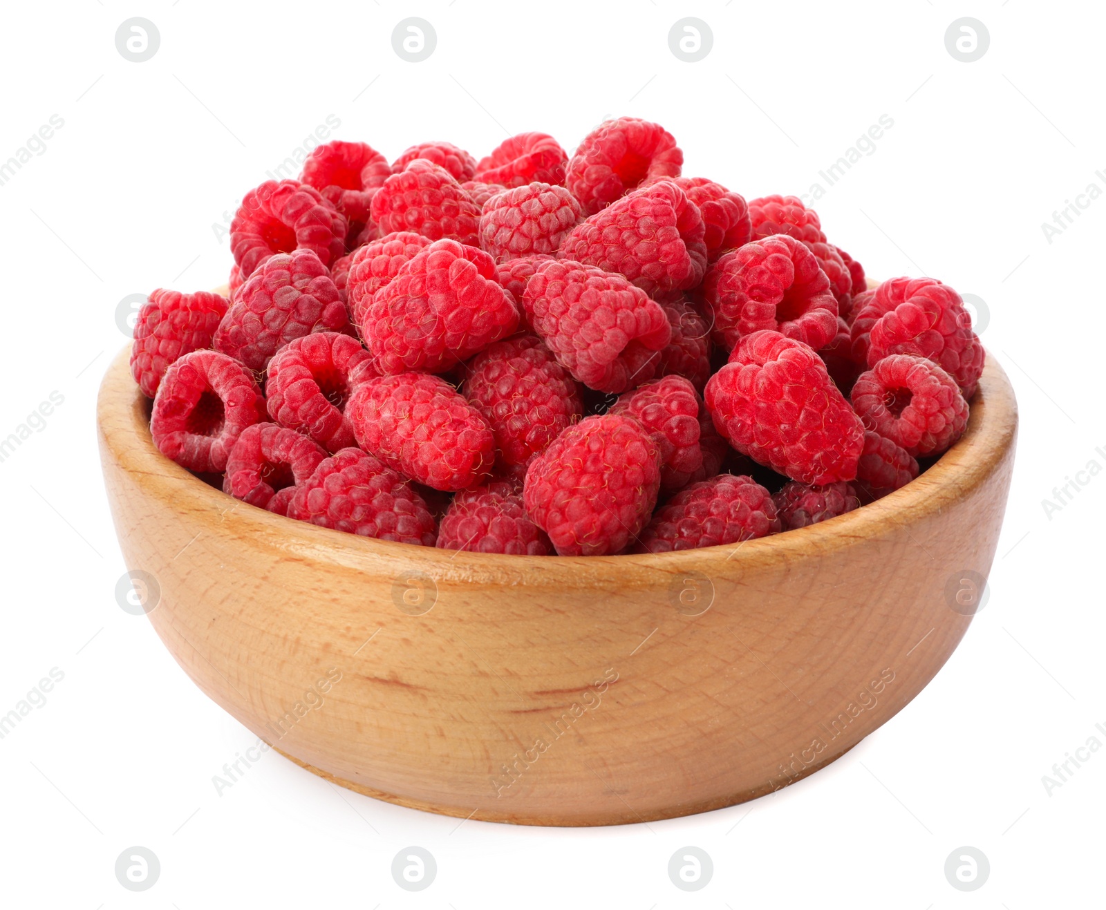 Photo of Bowl of delicious fresh ripe raspberries on white background