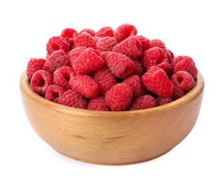 Bowl of delicious fresh ripe raspberries on white background