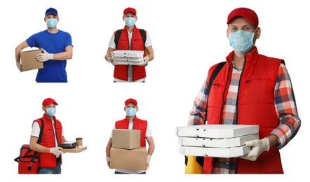 Collage with photos of courier in protective mask holding orders and boxes on white background. Delivery service during coronavirus quarantine