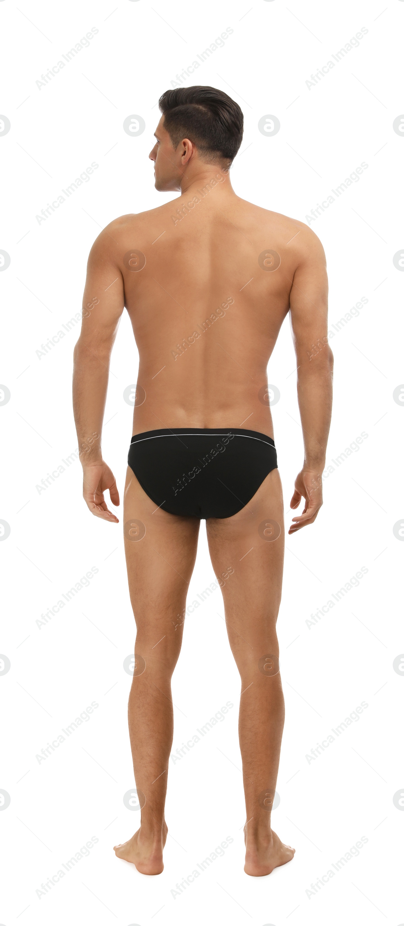 Photo of Handsome man in black underwear on white background