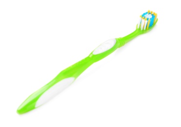 Photo of Manual toothbrush on white background. Dental care