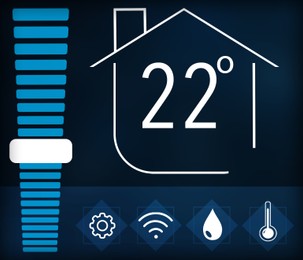 Illustration of Smart home system. Thermostat display showing ambient temperature in Celsius scale and different icons